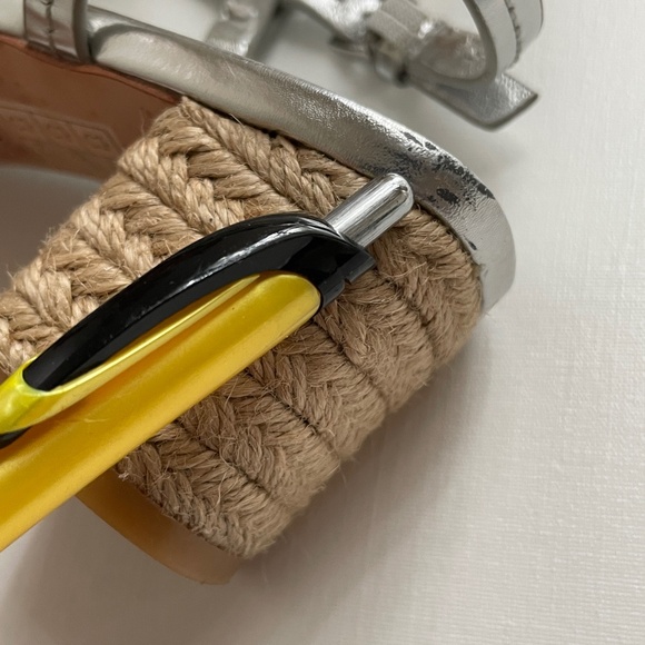 Tory Burch Womens 7.5 Metallic Leather Logo Sandals Espadrille Heels Coastal - Picture 8 of 12